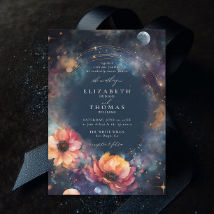 Celestial Waters Moon Stars Floral Elegant Wedding Invitation