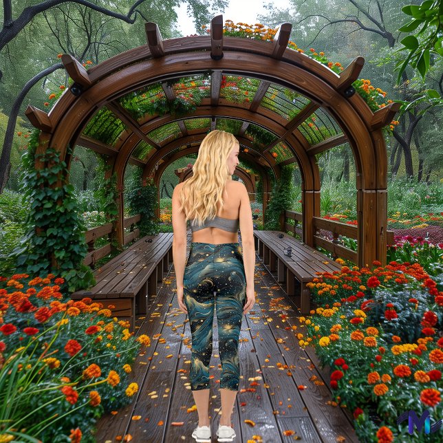 Celestial Waves in Teal and Gold – Custom Text Capri Leggings (Creator Uploaded)