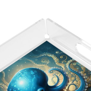 Celestial Waves: The Blue Octopus Fractal Art Acrylic Tray