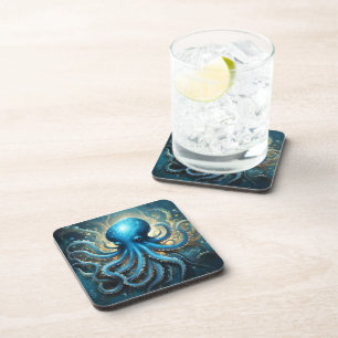 Celestial Waves: The Blue Octopus Fractal Art Beverage Coaster