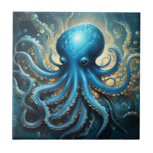 Celestial Waves: The Blue Octopus Fractal Art Ceramic Tile