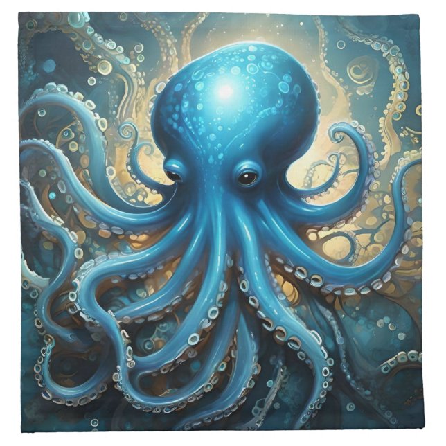 Celestial Waves: The Blue Octopus Fractal Art Cloth Napkin (Front)