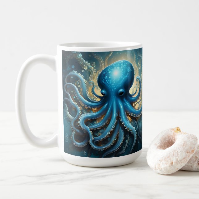 Celestial Waves: The Blue Octopus Fractal Art Coffee Mug (With Donut)