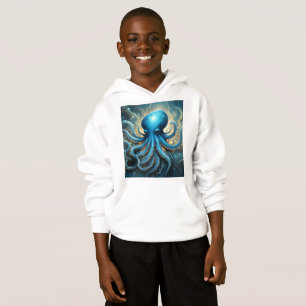 Celestial Waves: The Blue Octopus Fractal Art Hoodie