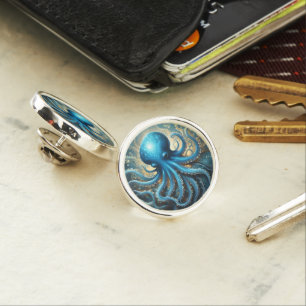 Celestial Waves: The Blue Octopus Fractal Art Lapel Pin