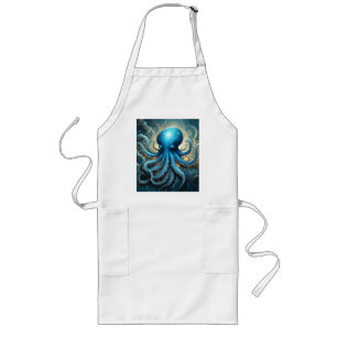 Celestial Waves: The Blue Octopus Fractal Art Long Apron