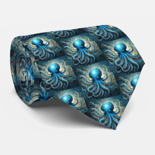 Celestial Waves: The Blue Octopus Fractal Art Neck Tie
