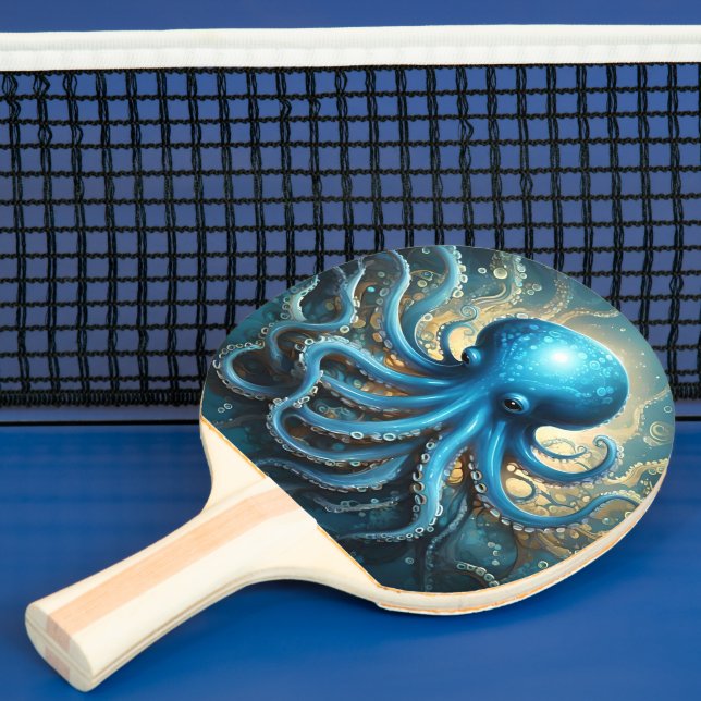Celestial Waves: The Blue Octopus Fractal Art Ping Pong Paddle (Insitu)