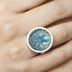 Celestial Waves: The Blue Octopus Fractal Art Ring