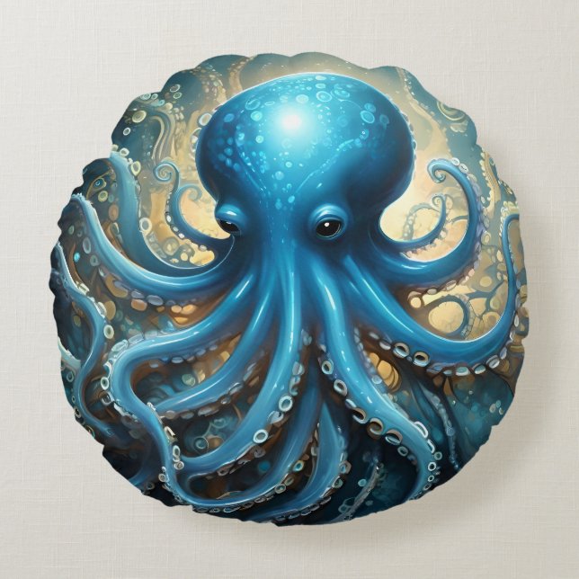 Celestial Waves: The Blue Octopus Fractal Art Round Pillow (Front)