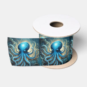 Celestial Waves: The Blue Octopus Fractal Art Satin Ribbon