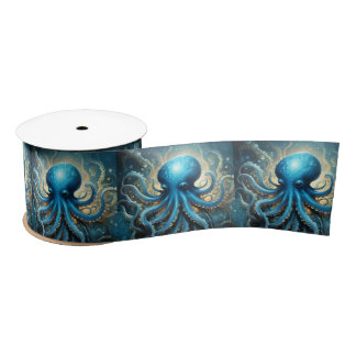 Celestial Waves: The Blue Octopus Fractal Art Satin Ribbon