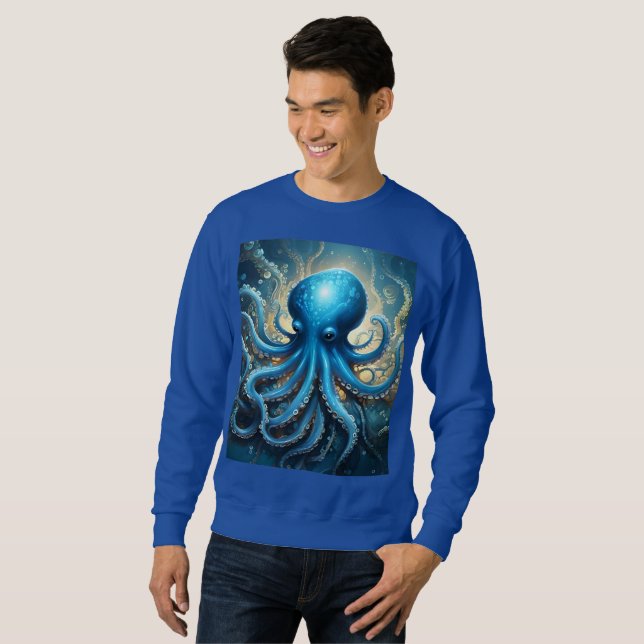 Celestial Waves: The Blue Octopus Fractal Art Sweatshirt (Front Full)