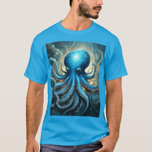 Celestial Waves: The Blue Octopus Fractal Art T-Shirt