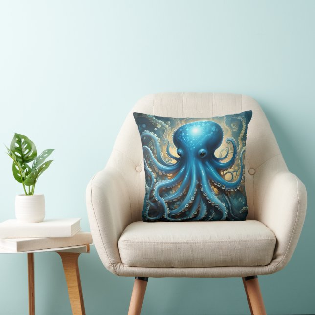 Celestial Waves: The Blue Octopus Fractal Art Throw Pillow (Chair)