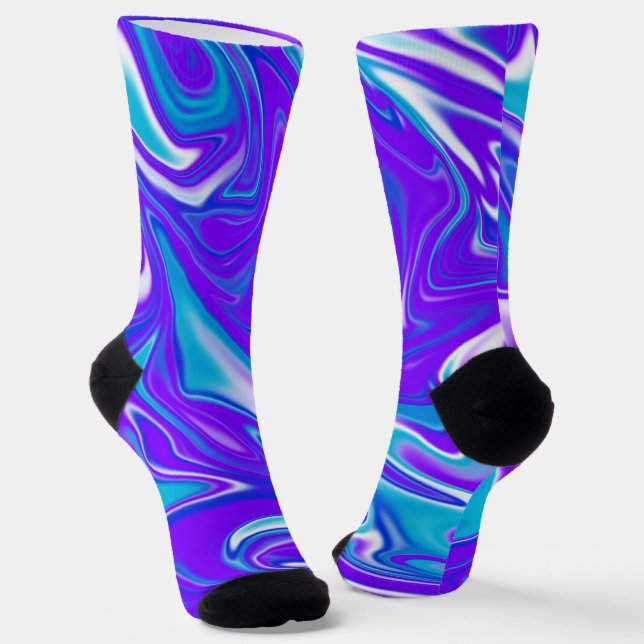 Celestial Waves: The Blue White and Purple Marble Socks (Angled)