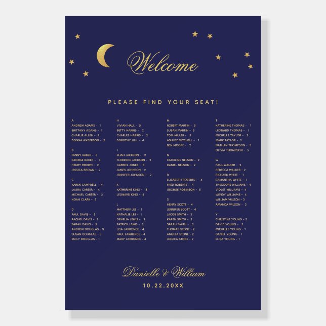 Celestial Wedding Alphabetical Seating Chart Stars Foam Board (Front)