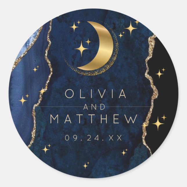 Celestial Wedding Blue and Gold Wedding  Classic Round Sticker (Front)