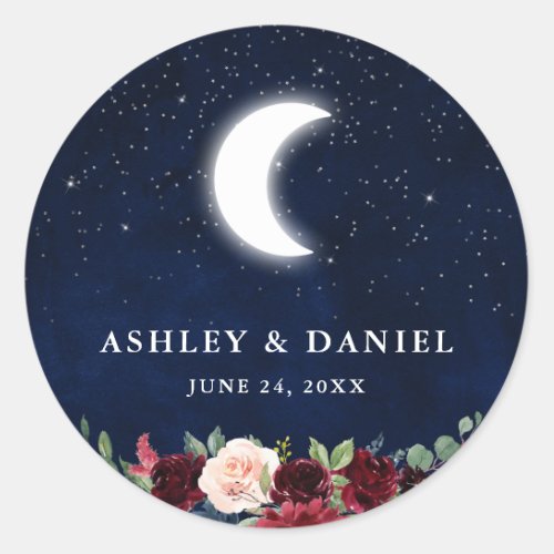 Celestial Wedding Blue Sky Moon Stars Floral Classic Round Sticker