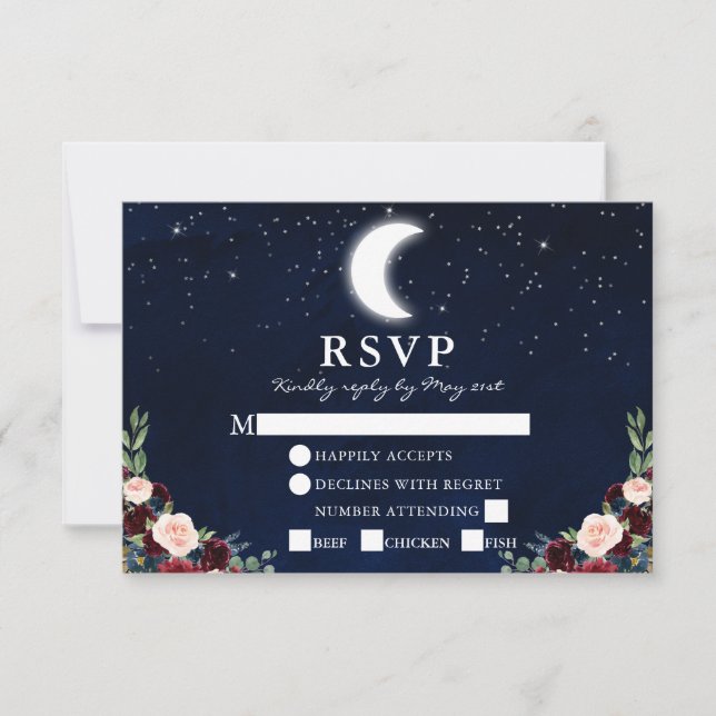 Celestial Wedding Blue Sky Moon Stars Floral Meal RSVP Card (Front)