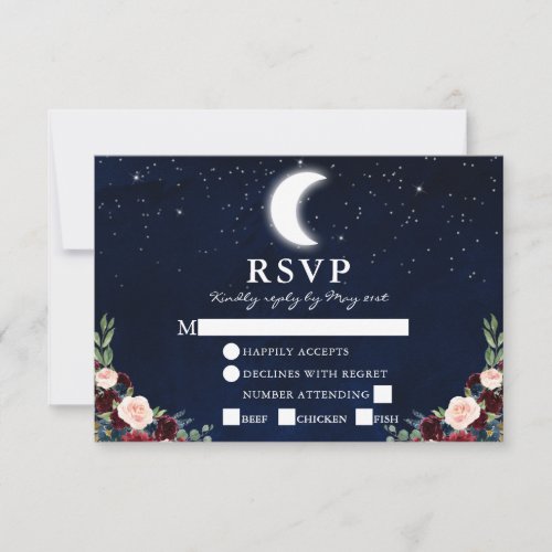 Celestial Wedding Blue Sky Moon Stars Floral Meal RSVP Card