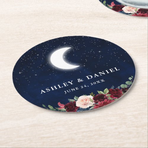 Celestial Wedding Blue Sky Moon Stars Floral Round Paper Coaster