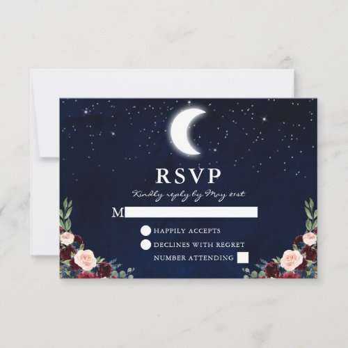 Celestial Wedding Blue Sky Moon Stars Floral RSVP Card