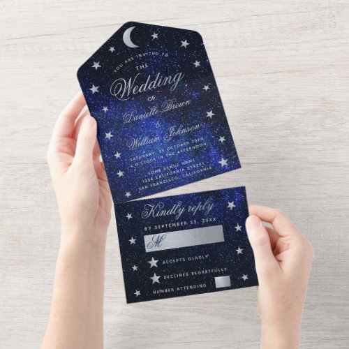 Celestial Wedding  Elegant Blue Silver Stars Moon All In One Invitation