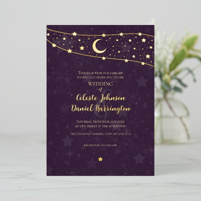 Celestial Wedding Fancy Gold Deep Purple Foil Invitation (Standing Front)