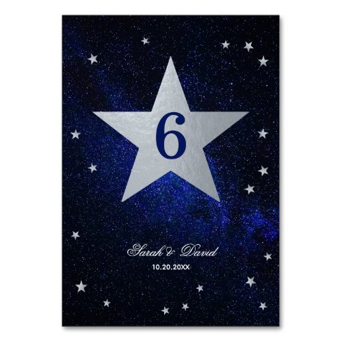 Celestial Wedding Faux Silver Foil Star Blue Sky Table Number