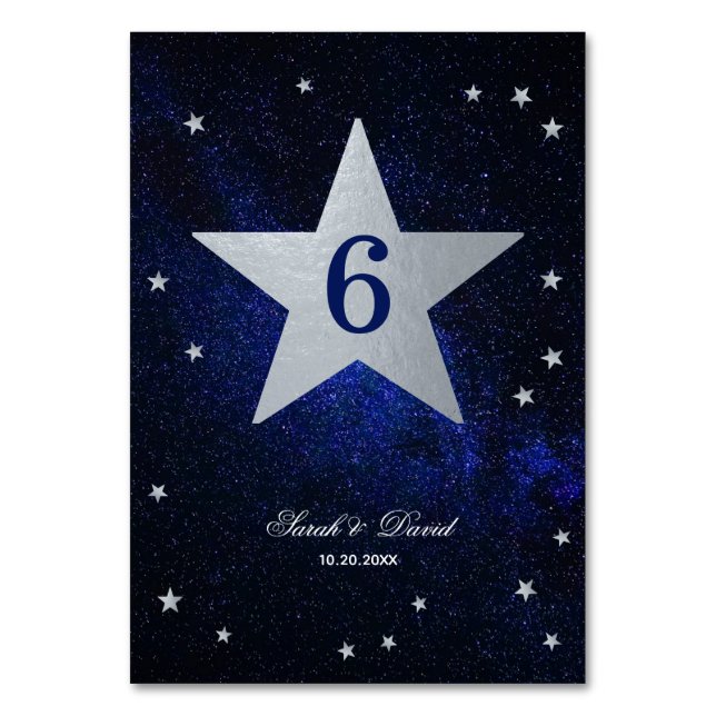 Celestial Wedding Faux Silver Foil Star Blue Sky Table Number (Front)