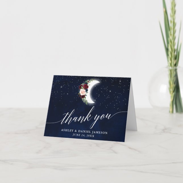 Celestial Wedding Floral Moon Calligraphy Note Letterpress Thank You Card (Front)