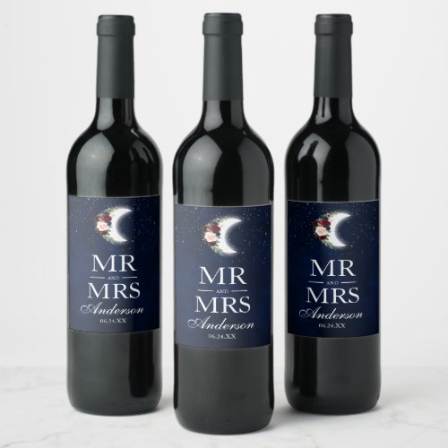 Celestial Wedding Floral Moon Mr and Mrs Wine Label