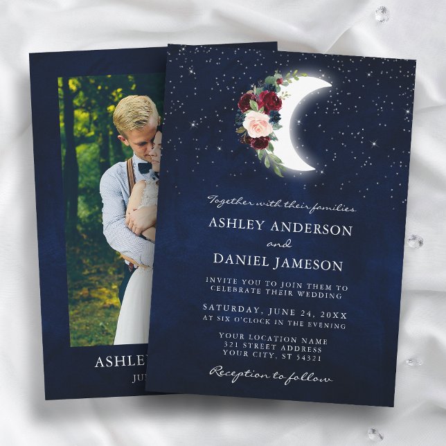 Celestial Wedding Floral Moon Stars Photo Invitation (Customize to change text size or text style.)