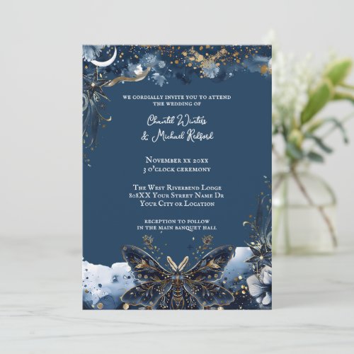 Celestial Wedding Gold and Navy Blue Invitation