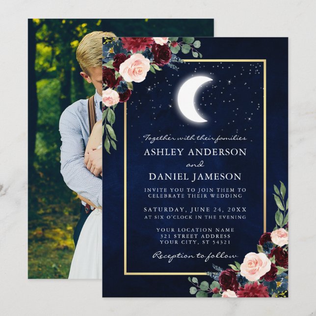 Celestial Wedding Gold Moon Stars Photo  Invitation (Front/Back)