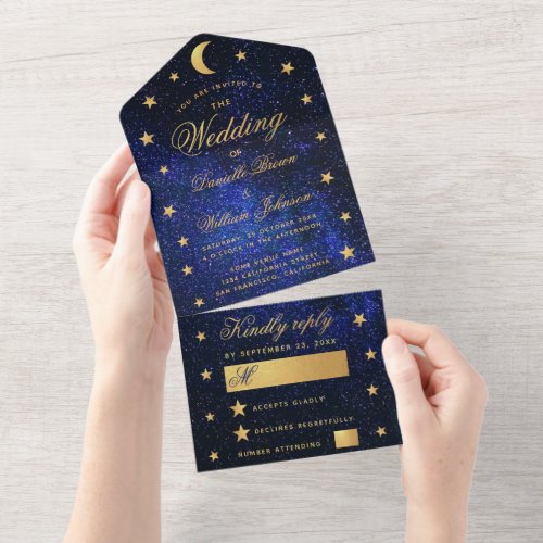 Celestial Wedding Gold Stars and Moon Elegant Blue All In One Invitation