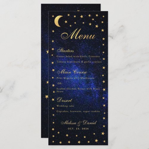 Celestial Wedding Menu _ Elegant Blue Gold Stars