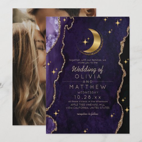 Celestial Wedding Midnight Purple Stars & Moon  Invitation