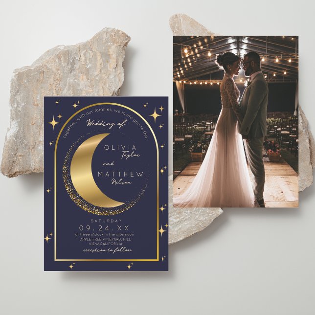 Celestial Wedding Midnight Stars Moon Gold Invitation (Creator Uploaded)