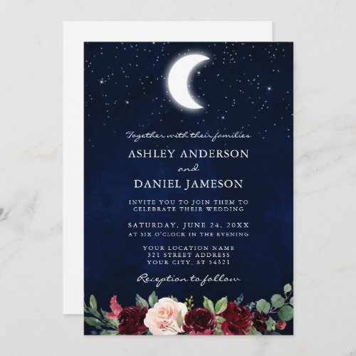 Celestial Wedding Moon Stars Floral Photo Back Invitation