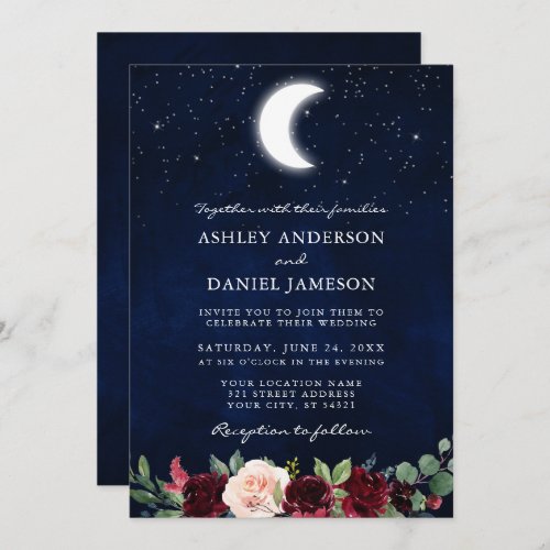 Celestial Wedding Moon Stars Floral Photo Invitation