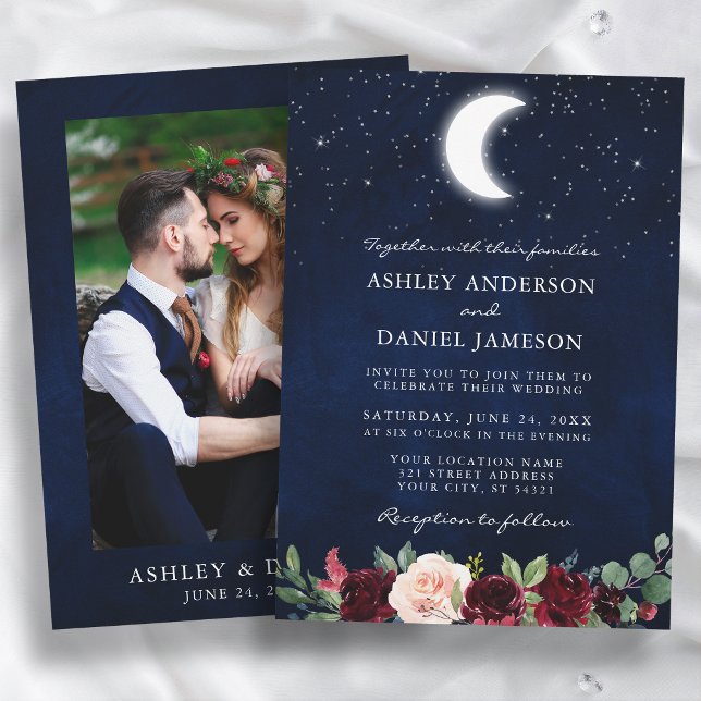 Celestial Wedding Moon Stars Floral Photo Invitation (Customize to change text size or text style.)