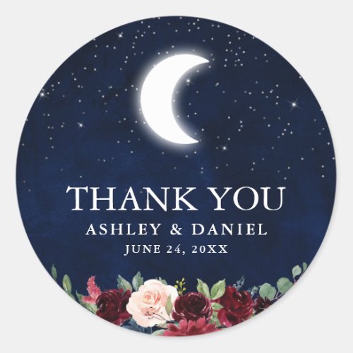 Celestial Wedding Moon Stars Floral Thank You Classic Round Sticker