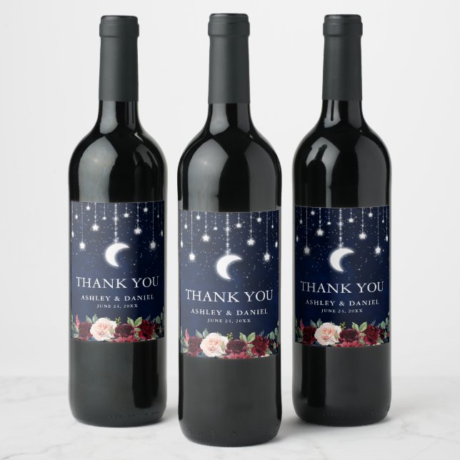 Celestial Wedding Moon Stars Lights Floral Wine Label (Bottles)