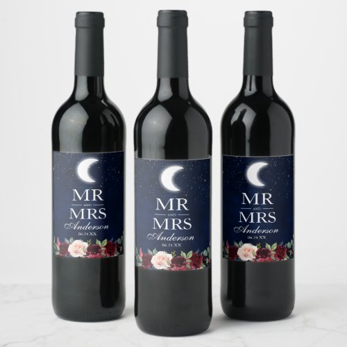 Celestial Wedding Moon Stars Mr and Mrs Floral Wine Label