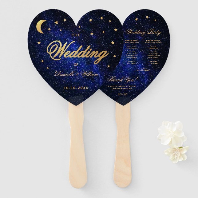 Celestial Wedding Program Gold Stars Moon Elegant Hand Fan (Front and Back)
