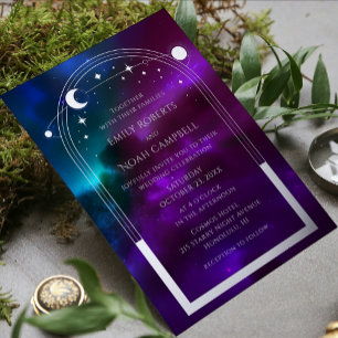 Celestial Wedding Purple Teal Silver Foil Sun Moon Invitation