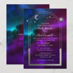 Celestial Wedding Purple Teal Sun Moon Stars Invitation