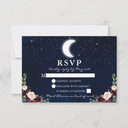 Celestial Wedding Sky Moon Stars Floral Meal Back RSVP Card